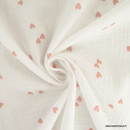 Tissu Double gaze motif coeurs roses pâle fond blanc - OEKO TEX