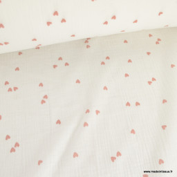 Tissu Double gaze motif coeurs roses pâle fond blanc - OEKO TEX