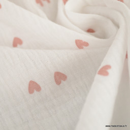 Tissu Double gaze motif coeurs roses fond blanc - oeko tex