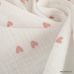Tissu Double gaze motif coeurs roses pâle fond blanc - OEKO TEX