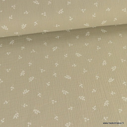 Double gaze motifs petites feuilles fond beige - oeko tex