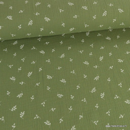 Double gaze motifs petites feuilles fond vert forêt - oeko tex