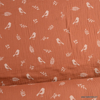 Double gaze motifs feuilles et oiseaux fond bois rouge - oeko tex