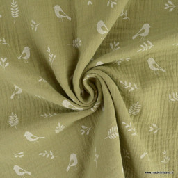 Double gaze motifs feuilles et oiseaux fond vert olive - oeko tex