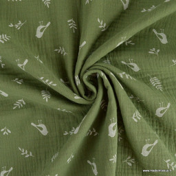 Double gaze motifs feuilles et oiseaux fond vert foret - oeko tex