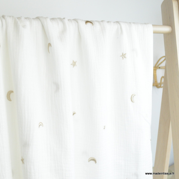 Tissu Double gaze brodée lunes et étoiles fond Milk - oeko tex