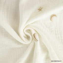 Tissu Double gaze brodée lunes et étoiles fond Milk - OEKO TEX