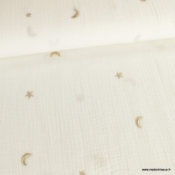 Tissu Double gaze brodée lunes et étoiles fond Milk - OEKO TEX