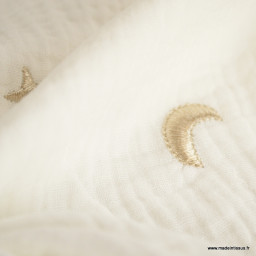 Tissu Double gaze brodée lunes et étoiles fond Milk - OEKO TEX