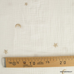 Tissu Double gaze brodée lunes et étoiles fond Milk - OEKO TEX