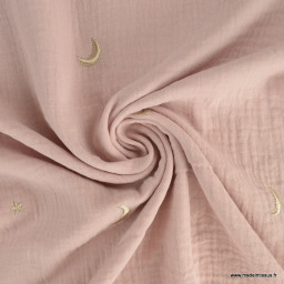 Tissu Double gaze brodée lunes et étoiles fond rose pale - OEKO TEX