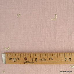 Tissu Double gaze brodée lunes et étoiles fond rose pale - OEKO TEX