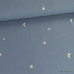 Tissu Double gaze brodée lunes et étoiles fond bleu jean - OEKO TEX