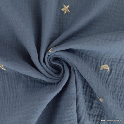 Tissu Double gaze brodée lunes et étoiles fond bleu jean - oeko tex