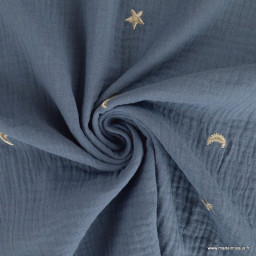 Tissu Double gaze brodée lunes et étoiles fond bleu jean - OEKO TEX