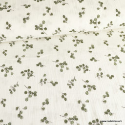 Tissu double gaze Madi motif eucalyptus fond blanc cassé - oeko tex
