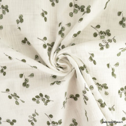 Tissu double gaze Madi motif eucalyptus fond blanc cassé - oeko tex