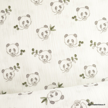 Tissu double gaze motif Pandas fond blanc cassé - oeko tex