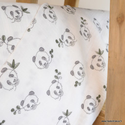 Tissu double gaze motif Pandas fond blanc cassé - oeko tex