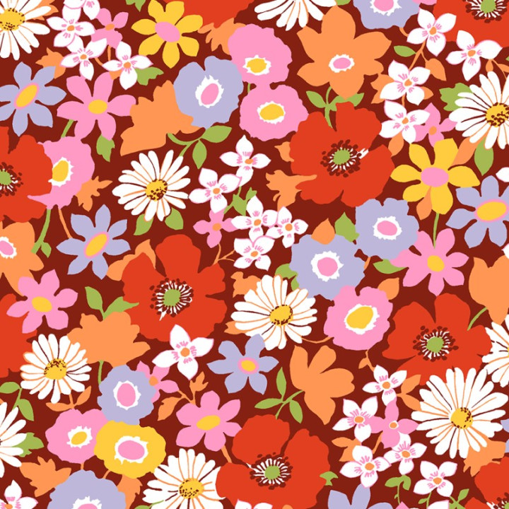 Tissu coton Coquelicot motif fleurs fond roux - Oeko tex