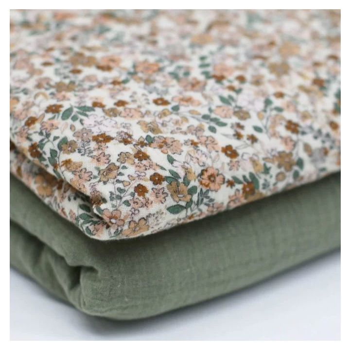 Double gaze motifs fleurs Cacao et vert