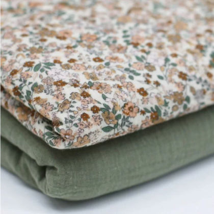 Double gaze motifs fleurs Cacao et vert