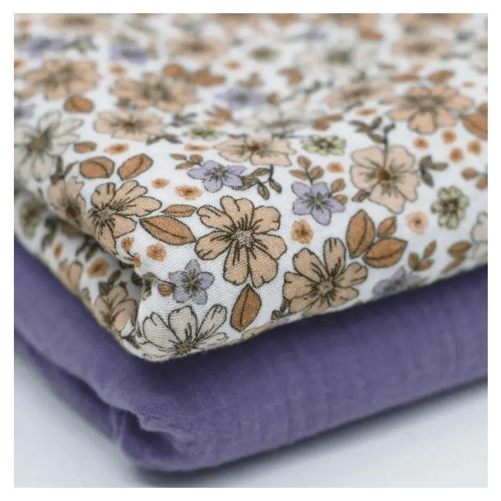 Double gaze motif fleurs d'été Lilas et beige