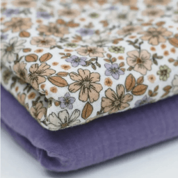 Double gaze motif fleurs d'été Lilas et beige