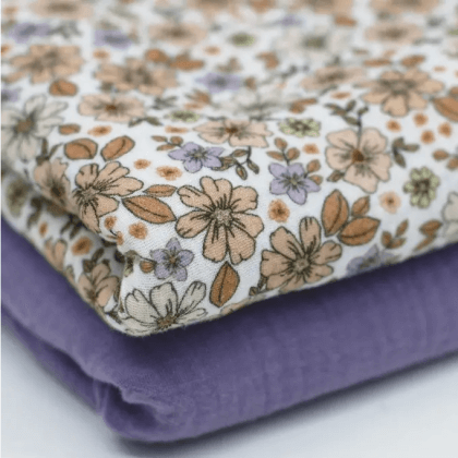 Double gaze motif fleurs d'été Lilas et beige
