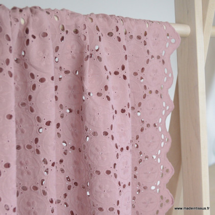 Tissu broderie anglaise coton vieux rose - Quitterie