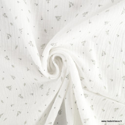 1 coupon de 49 cm  Double gaze Dillen motif fleurs grises fond blanc - oeko tex