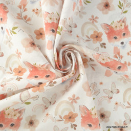 1 coupon de 42 cm  Tissu cretonne coton Tabatha motifs renards roux et fleurs - oeko tex