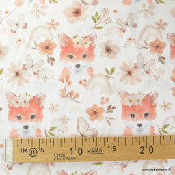 1 coupon de 42 cm  Tissu cretonne coton Tabatha motifs renards roux et fleurs - oeko tex