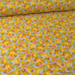 Tissu coton imprimé feuilles de Ginkgo Aphrodite fond Safran - Oeko tex