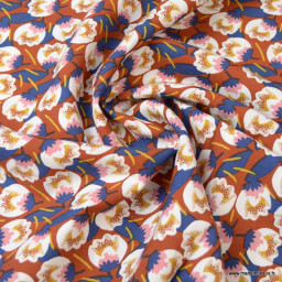 Tissu Viscose Dimeo motifs fleurs fond Rouille - Oeko tex
