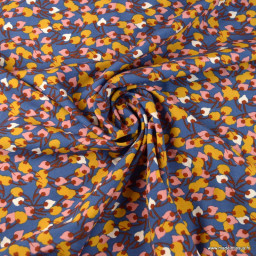 Tissu Viscose Kisnek motifs fleurs fond marine et ocre - Oeko tex