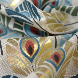 Tissu toile aspect lin motifs plumes de Paon canard et or Foil