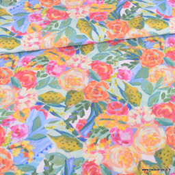 Tissu Viscose motif fleurs oranges, roses, bleues et vertes