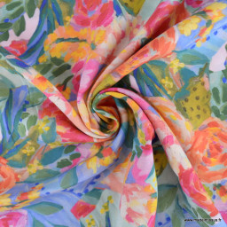 Tissu Viscose Izia motif fleurs oranges, roses, bleues et vertes