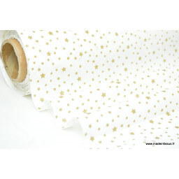Tissu coton imprimé dessin étoiles vieil or sur fond blanc