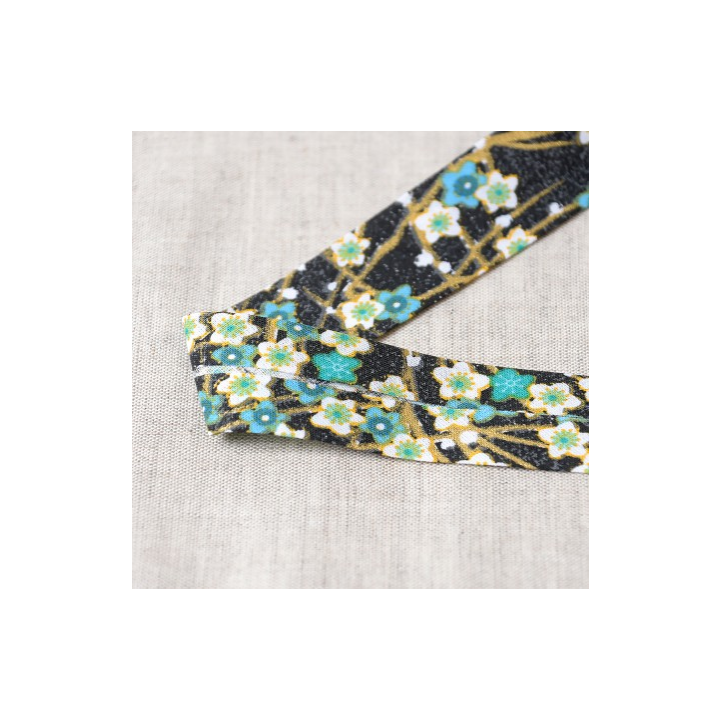 Biais replié motifs fleurs japonaises Turquoises - 30 mm