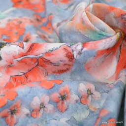 Tissu Viscose motif fleurs roses et bleues - Livia