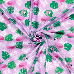 Tissu maillot de bain - flamants roses et feuilles vertes - OEKO TEX