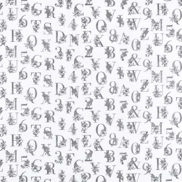 Tissu cretonne Effet broderie lettres Alphabetiques grises fond blanc - oeko tex