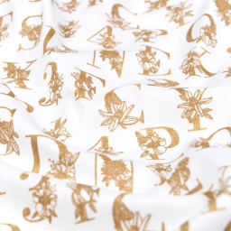 Tissu cretonne Effet broderie lettres Alphabétiques Or fond blanc - oeko tex