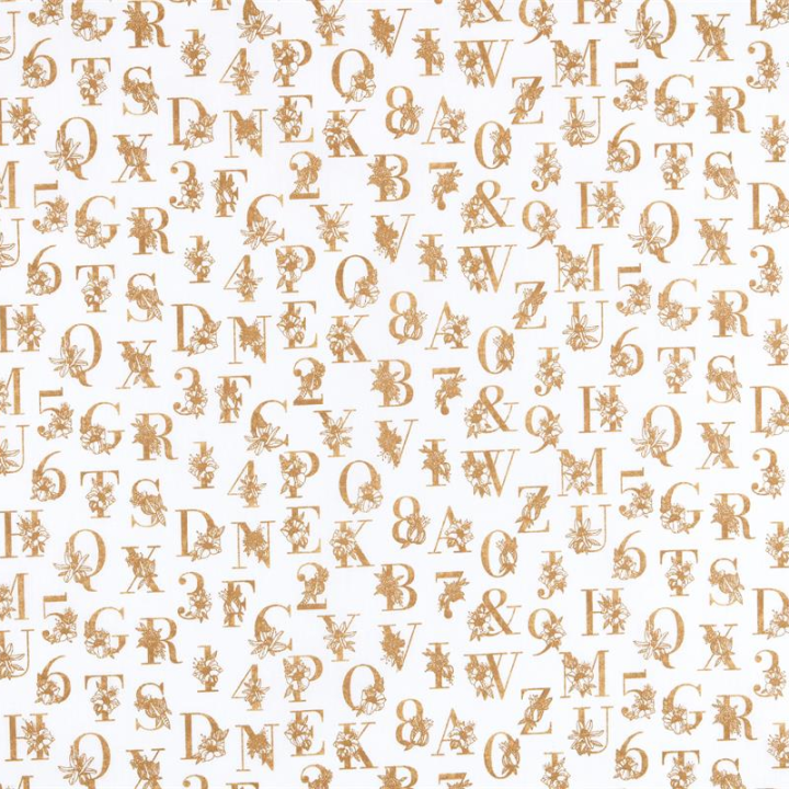 Tissu cretonne Effet broderie lettres Alphabétiques Or fond blanc - oeko tex