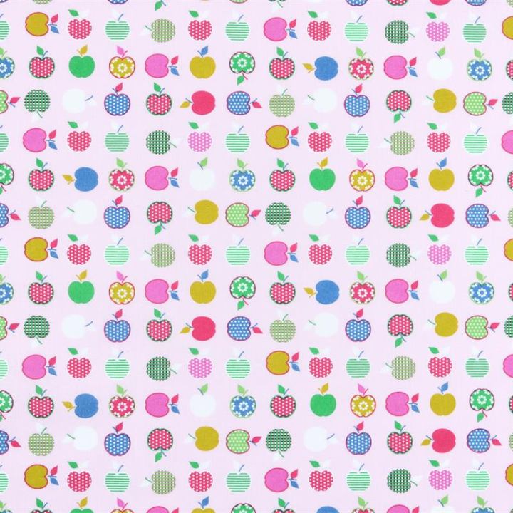 Tissu cretonne Granny motif pommes fond rose - oeko tex