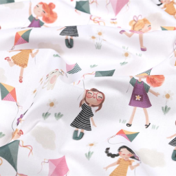 Tissu coton Cervolant motif fillettes et chats fond blanc - OEKO TEX