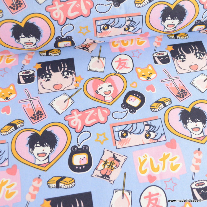 Tissu coton In Love motifs manga japonais bleu et rose - Oeko tex