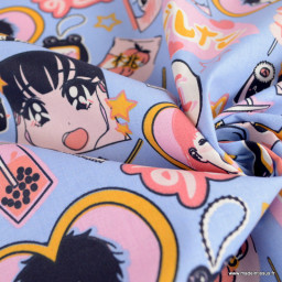 Tissu coton In Love motifs manga japonais bleu et rose - OEKO TEX